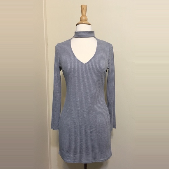 💥 CLEARANCE Choker Grey Ribbed Knit Bodycon Dress - Picture 2 of 5